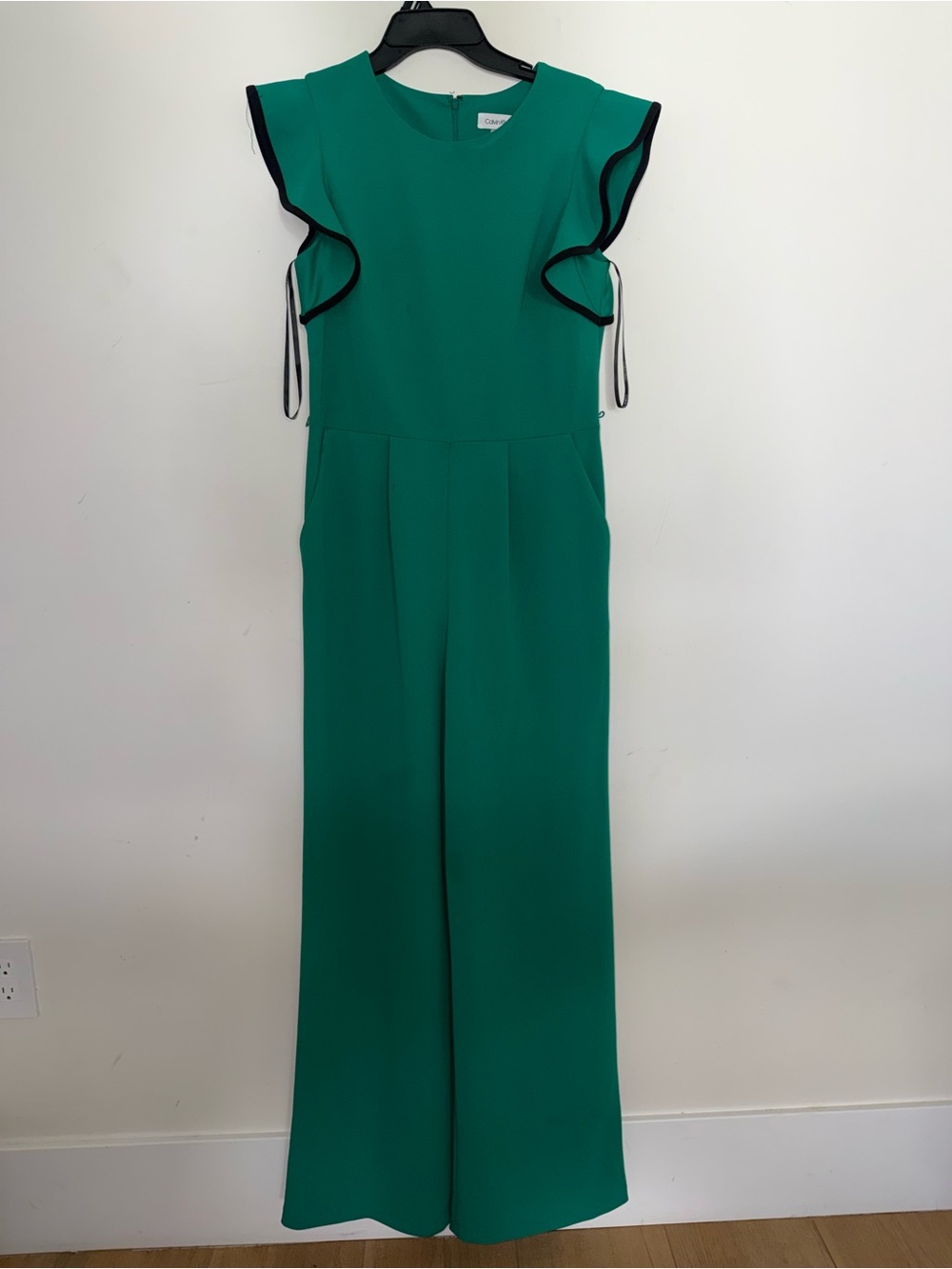 Calvin Klein Emerald Green Ruffle-Sleeve Jumpsuit with Black Trim